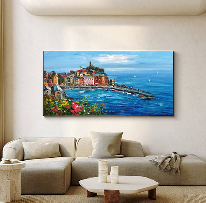 Original Mediterranean-sea Oil Painting on Canvas, Impressionist Coastal Cityscape Canvas Wall Art, Modern Seascape Painting for Living Room