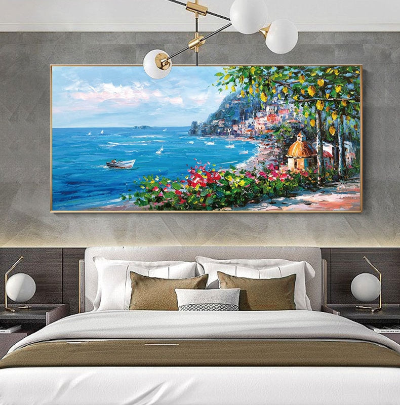 Impressionist Mediterranean-sea Canvas Wall Art, Original Coastal Cityscape Oil Painting on canvas, Modern Seascape Painting for Living Room