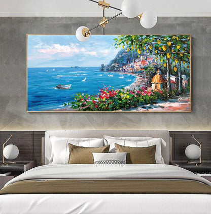 Impressionist Mediterranean-sea Canvas Wall Art, Original Coastal Cityscape Oil Painting on canvas, Modern Seascape Painting for Living Room
