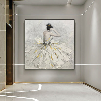 May include: A painting of a ballerina in a white and gold dress, with her back to the viewer. The painting is done in a textured style, with visible brushstrokes.