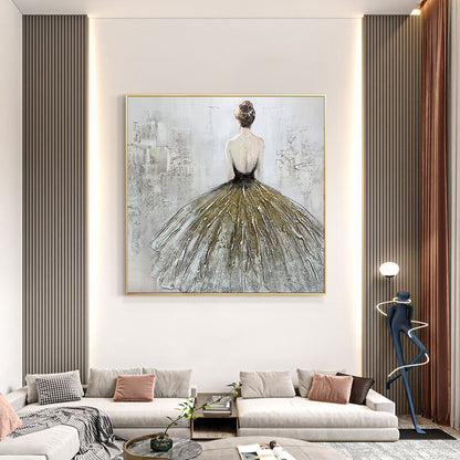 May include: A painting of a woman in a flowing gold and white dress, standing with her back to the viewer. The background is a textured, abstract design in shades of gray and white.