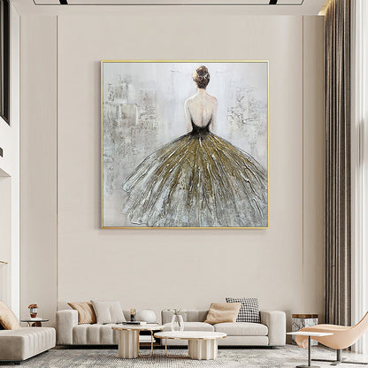 May include: A painting of a woman in a flowing gold and white dress, standing with her back to the viewer. The background is a textured, abstract design in shades of gray.