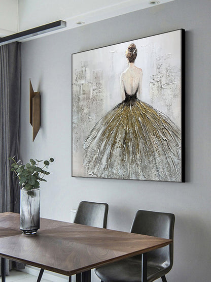 May include: A painting of a woman in a flowing gold and white dress. The woman is facing away from the viewer and has her hair pulled back in a bun. The background is a light gray with hints of texture.