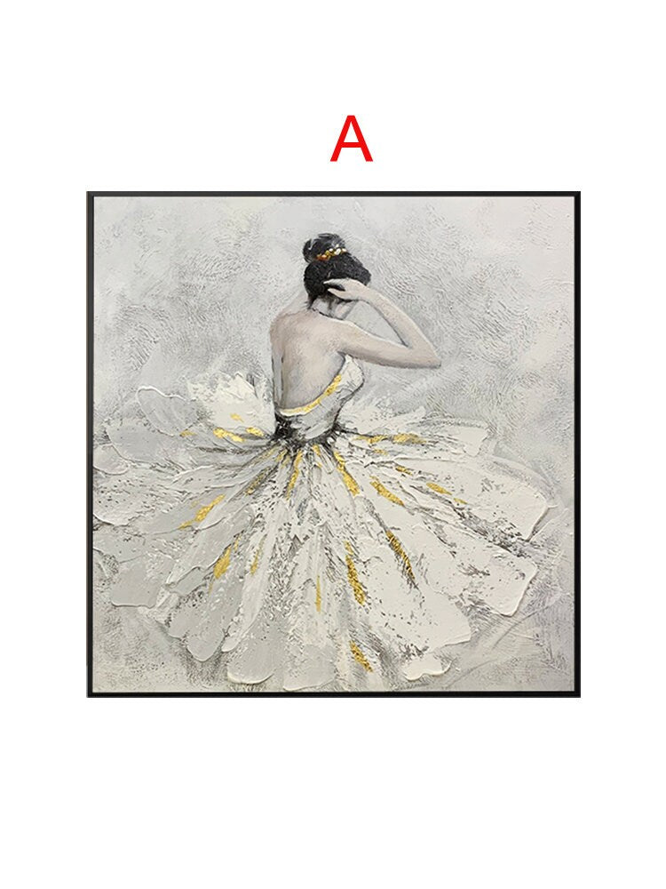 May include: A painting of a ballerina in a white tutu with gold accents. The ballerina is facing away from the viewer and has her hair pulled back. The background is a light gray.