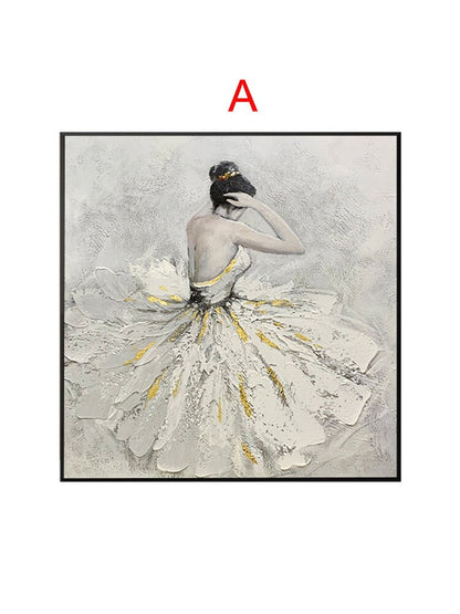 May include: A painting of a ballerina in a white tutu with gold accents. The ballerina is facing away from the viewer and has her hair pulled back. The background is a light gray.