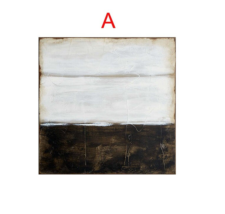 May include: Abstract painting with a white top half and a dark brown bottom half. The painting has a textured surface and a horizontal line separating the two colors.