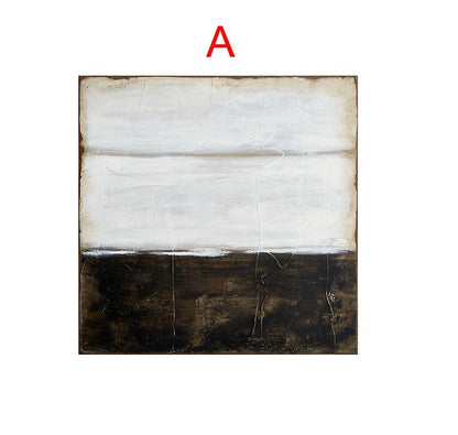 May include: Abstract painting with a white top half and a dark brown bottom half. The painting has a textured surface and a horizontal line separating the two colors.
