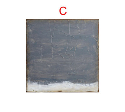 May include: Abstract painting with a gray and white color scheme. The painting has a textured surface and a horizontal white line across the bottom.