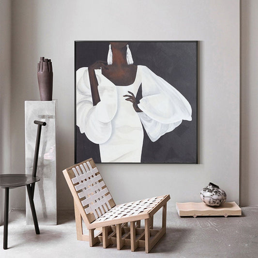 Abstract Black Woman Figure Canvas Wall Art, Modern African Woman Oil Painting on Canvas, Large Minimalist Figure Wall Art for Living Room
