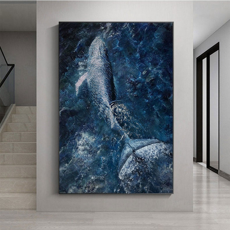 May include: A blue whale breaching the surface of the ocean, with a splash of water around it. The whale is painted in a realistic style, with a textured background.