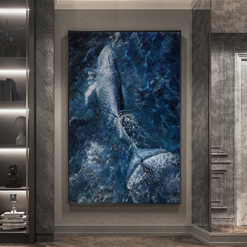 May include: A painting of a whale breaching in a blue ocean. The whale is white and gray, and the water is a deep blue with white splashes.