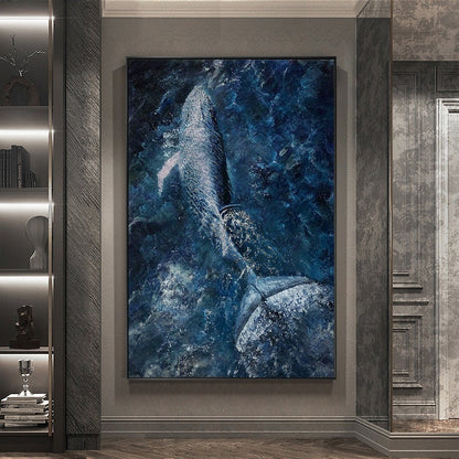 May include: A painting of a whale breaching in a blue ocean. The whale is white and gray, and the water is a deep blue with white splashes.