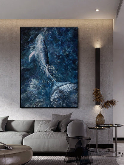 May include: A framed painting of a whale breaching in a blue ocean. The painting is in a modern style with a textured background.