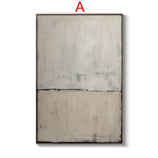 May include: Abstract painting with a horizontal division. The top half is a light gray with subtle brushstrokes, while the bottom half is a light beige with more pronounced brushstrokes. The painting is framed in a thin black frame.