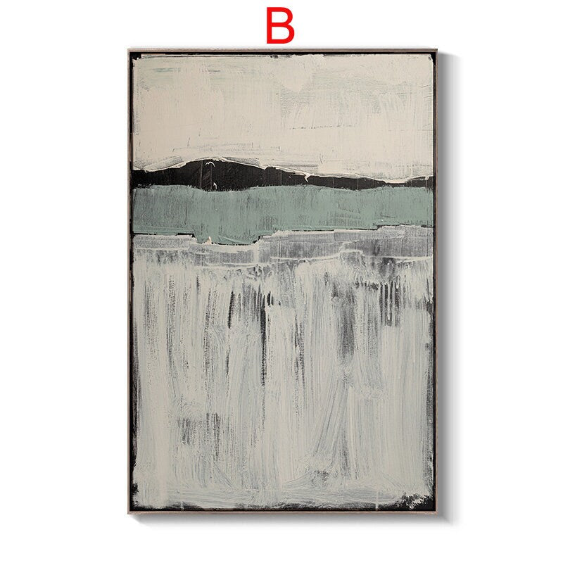 May include: Abstract painting with a horizontal band of black and green, followed by a white and gray textured background.