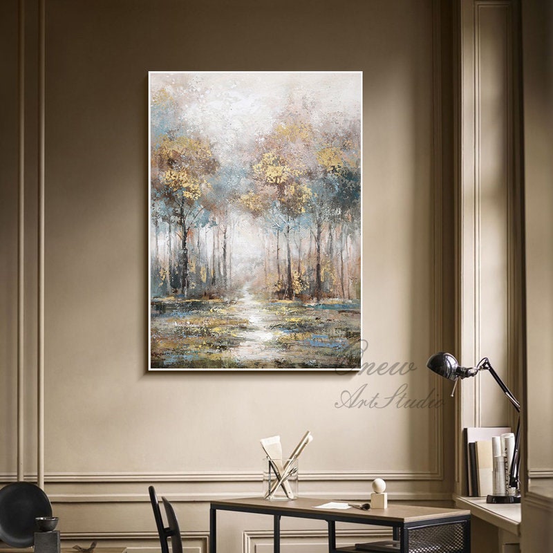 Large Abstract Landscape Oil Painting on Canvas, Original Hand-painted Trees Canvas Wall Art, Modern Forest Wall Art for Living Room Bedroom