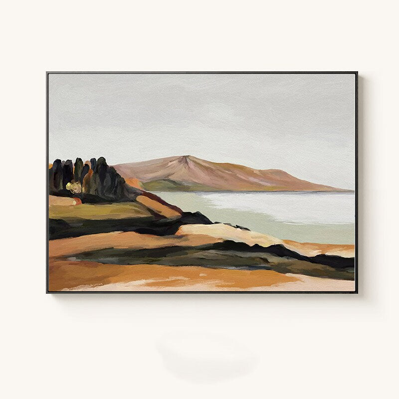 May include: Abstract landscape painting with a mountain range in the background, a body of water in the foreground, and a line of trees on the left side of the canvas. The painting is done in shades of brown, green, and blue.