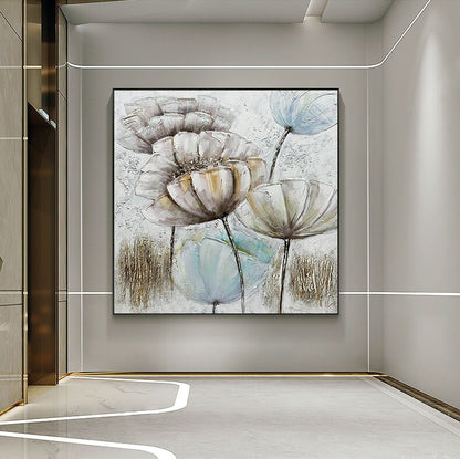 May include: A painting of abstract flowers in shades of white, brown, and blue. The flowers are painted in a textured style, giving the painting a three-dimensional look.