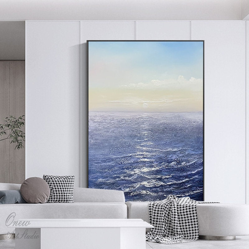 Abstract Ocean Oil Painting on Canvas, Large Original Seascape Canvas Wall Art, Modern Sea Waves Painting for Living Room, Bedroom Décor