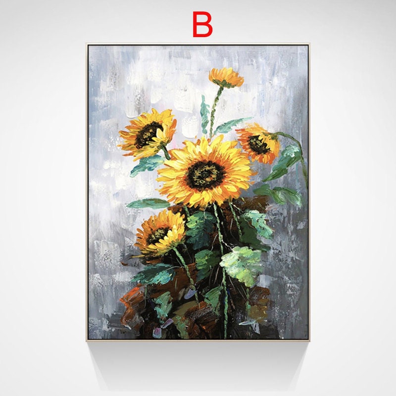 May include: A painting of a bouquet of sunflowers with yellow petals and dark brown centers. The sunflowers are painted in a realistic style with visible brushstrokes. The background is a light gray with a textured look.