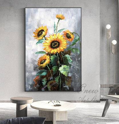 May include: A painting of a bouquet of sunflowers with yellow petals and dark brown centers. The sunflowers are painted in a realistic style with visible brushstrokes. The background is a light gray with a textured look.