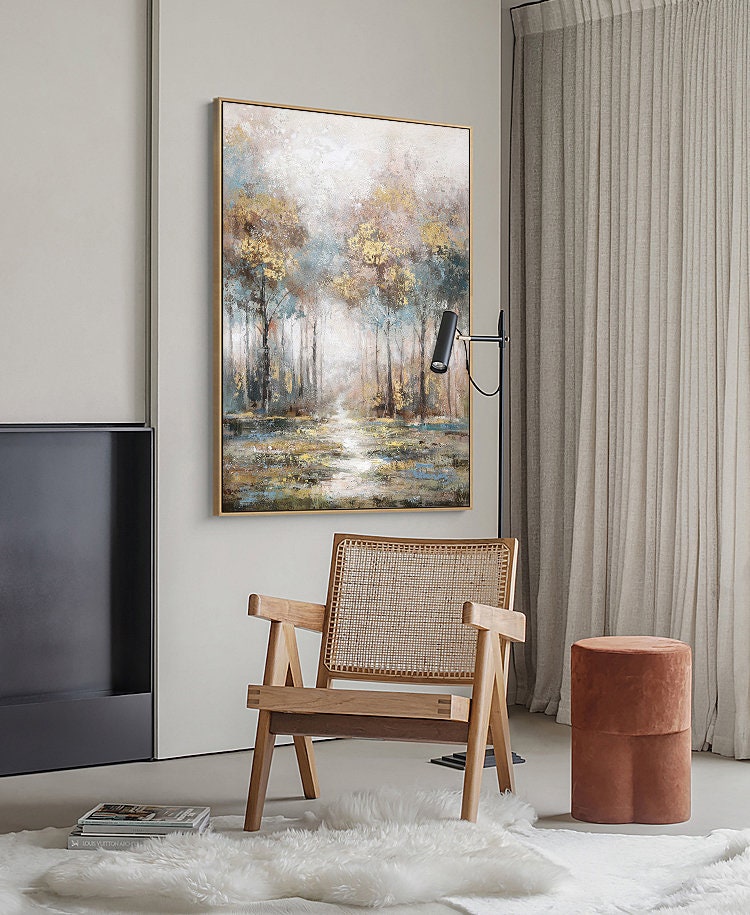 Large Abstract Landscape Oil Painting on Canvas, Original Hand-painted Trees Canvas Wall Art, Modern Forest Wall Art for Living Room Bedroom