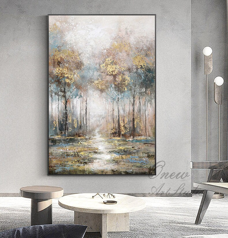 Large Abstract Landscape Oil Painting on Canvas, Original Hand-painted Trees Canvas Wall Art, Modern Forest Wall Art for Living Room Bedroom