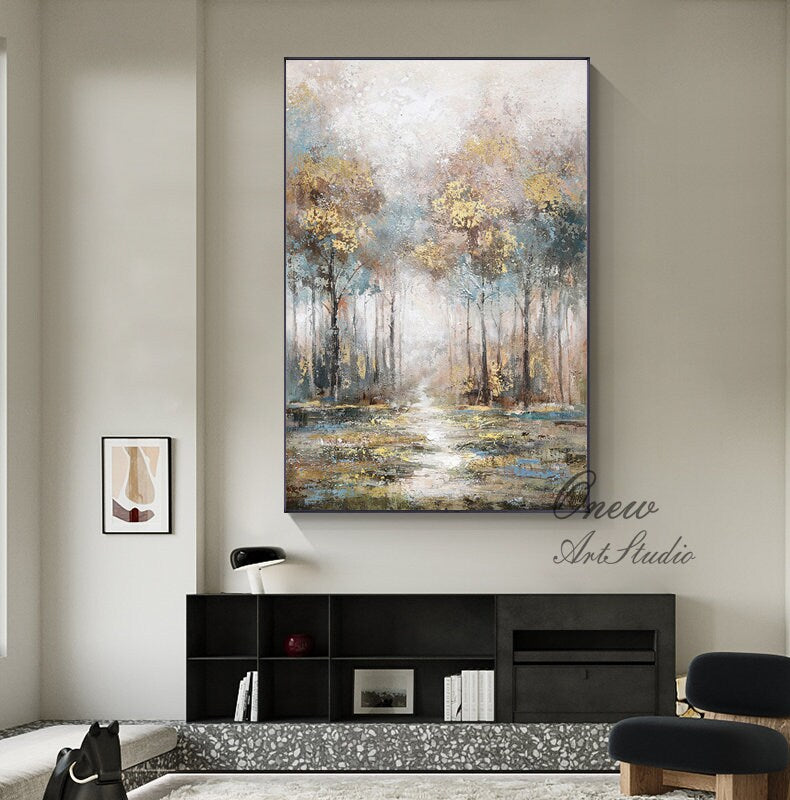 Large Abstract Landscape Oil Painting on Canvas, Original Hand-painted Trees Canvas Wall Art, Modern Forest Wall Art for Living Room Bedroom