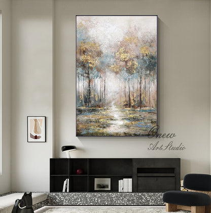 Large Abstract Landscape Oil Painting on Canvas, Original Hand-painted Trees Canvas Wall Art, Modern Forest Wall Art for Living Room Bedroom