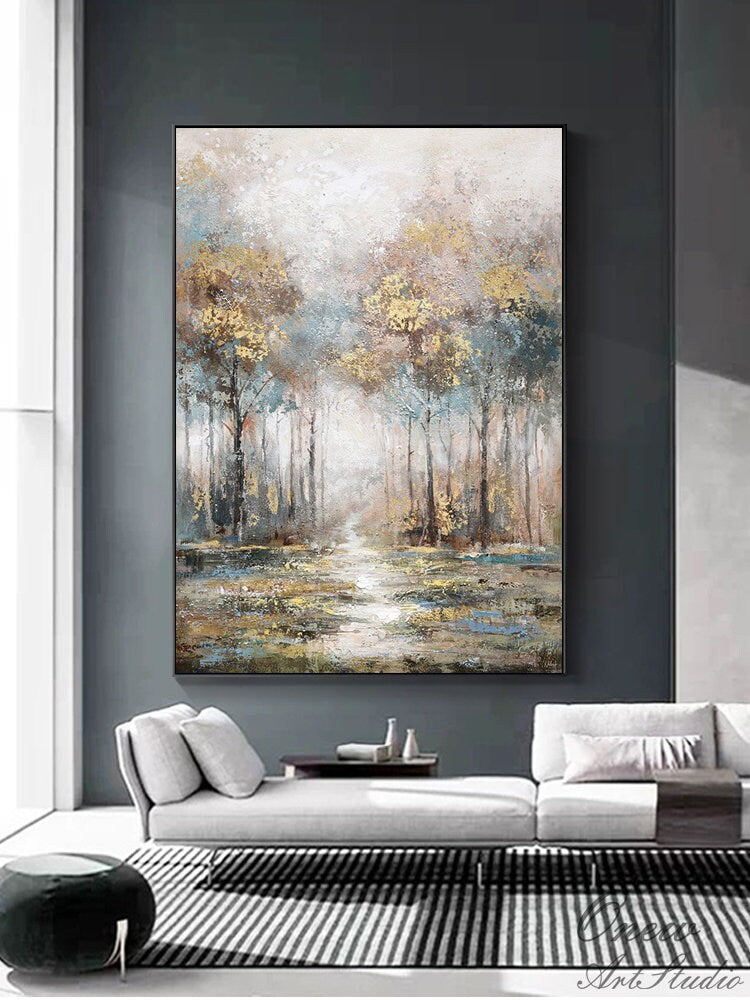 Large Abstract Landscape Oil Painting on Canvas, Original Hand-painted Trees Canvas Wall Art, Modern Forest Wall Art for Living Room Bedroom