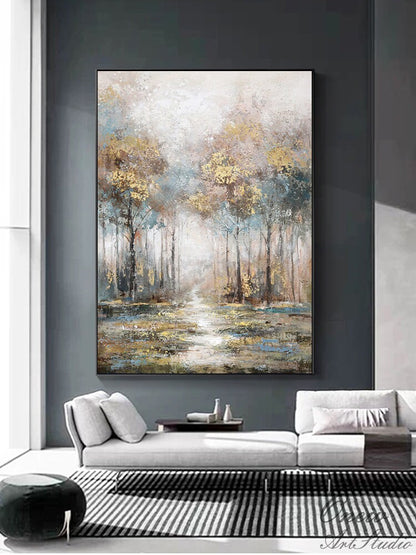 Large Abstract Landscape Oil Painting on Canvas, Original Hand-painted Trees Canvas Wall Art, Modern Forest Wall Art for Living Room Bedroom