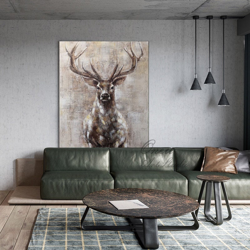 Large Abstract Deer Oil Painting on Canvas, Original Hand-painted Stag Canvas Wall Art, Modern Animal Painting for Living Room, Home Décor