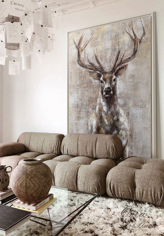 Large Abstract Deer Oil Painting on Canvas, Original Hand-painted Stag Canvas Wall Art, Modern Animal Painting for Living Room, Home Décor