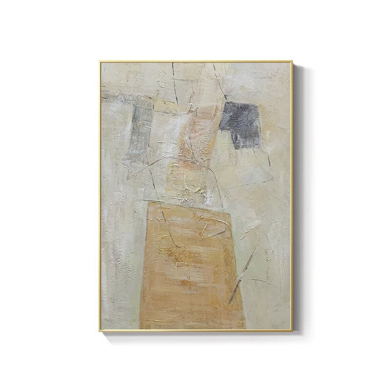 May include: Abstract painting with a beige, gray, and white color scheme. The painting features a large beige rectangle in the center, with smaller gray and white shapes surrounding it.