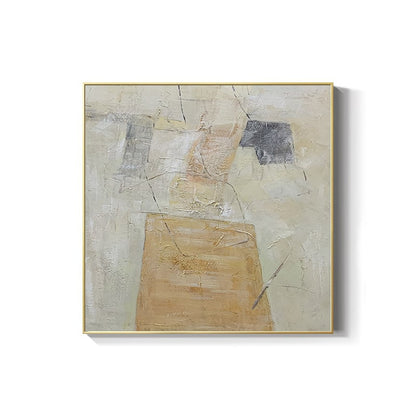 May include: Abstract painting with a beige, gray, and black color scheme. The painting features a large rectangular shape in the center, with a smaller black shape in the upper right corner. The painting is framed in a gold frame.