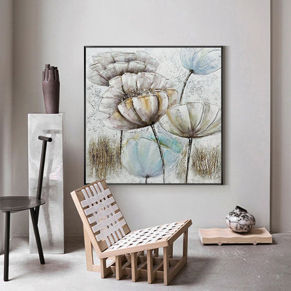 May include: A framed canvas painting featuring a floral design with white, brown, and blue flowers on a textured white background.