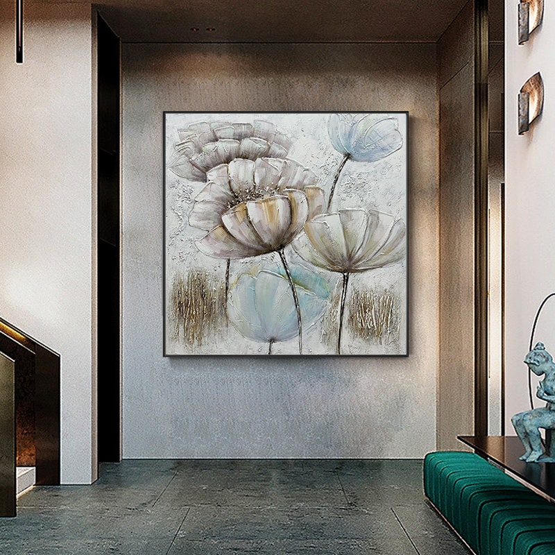 May include: A painting of a floral arrangement with white and blue flowers on a textured background.