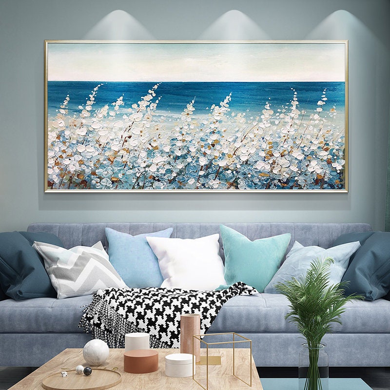 Blue Boho Impasto Floral Wall Art – Original Flower Oil Painting