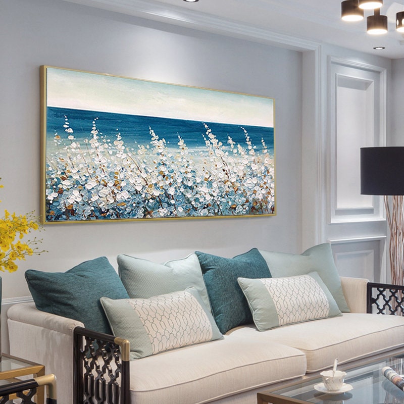 Blue Boho Impasto Floral Wall Art – Original Flower Oil Painting