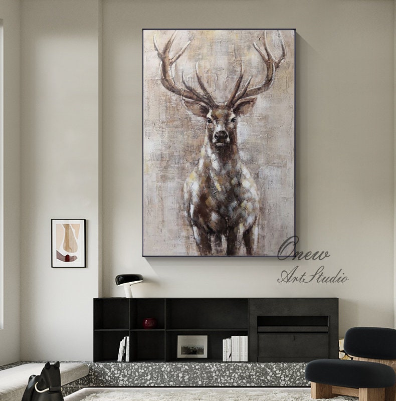 Large Abstract Deer Oil Painting on Canvas, Original Hand-painted Stag Canvas Wall Art, Modern Animal Painting for Living Room, Home Décor