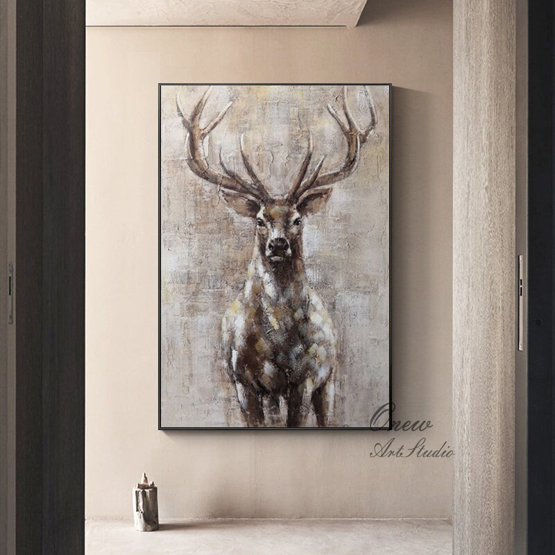 Large Abstract Deer Oil Painting on Canvas, Original Hand-painted Stag Canvas Wall Art, Modern Animal Painting for Living Room, Home Décor