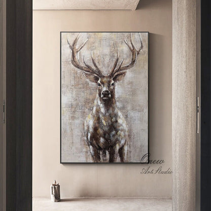 Large Abstract Deer Oil Painting on Canvas, Original Hand-painted Stag Canvas Wall Art, Modern Animal Painting for Living Room, Home Décor