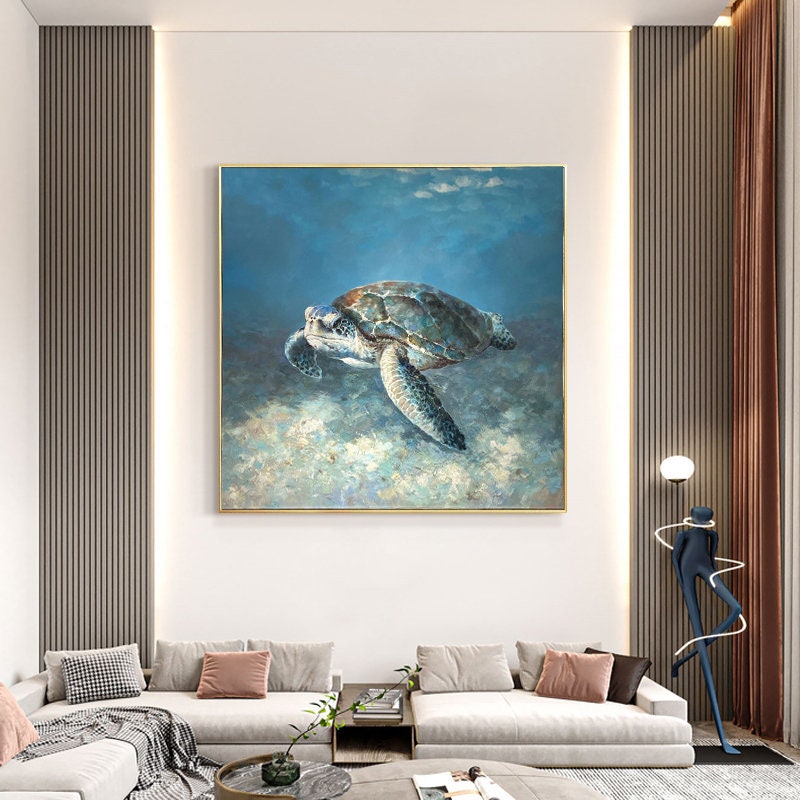Hand Painted Sea Turtle Oil Painting on Canvas, Large Impressionist Marine Turtle Canvas Wall Art, Original Animal Wall Art for Living Room