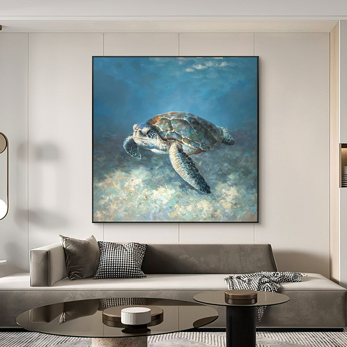 Hand Painted Sea Turtle Oil Painting on Canvas, Large Impressionist Marine Turtle Canvas Wall Art, Original Animal Wall Art for Living Room