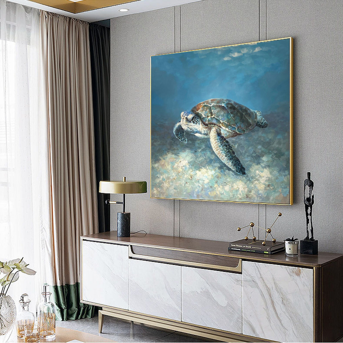 Hand Painted Sea Turtle Oil Painting on Canvas, Large Impressionist Marine Turtle Canvas Wall Art, Original Animal Wall Art for Living Room