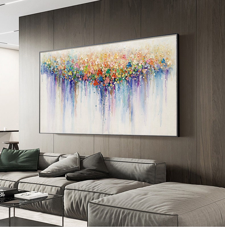 Colorful Flower Painting on Canvas, Original Boho Texture Wall Art – Colorful Floral Wall Art | Boho Hand-Painted Painting, v