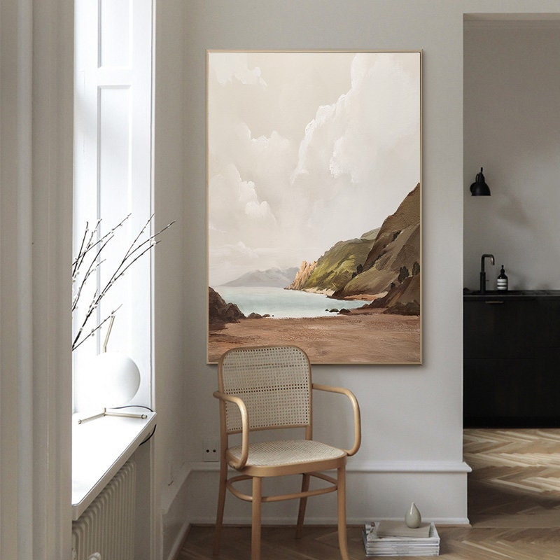 Large Abstract Landscape Oil Painting on Canvas, Hand-painted Mountain and Lake Canvas Wall Art, Modern Nature Wall Art for Living Room