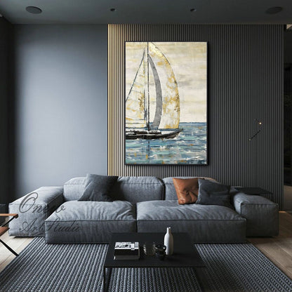 Large Abstract Sailboat Oil Painting on Canvas, Original Hand-painted Seascape Canvas Wall Art, Modern Nautical Painting for Living Room