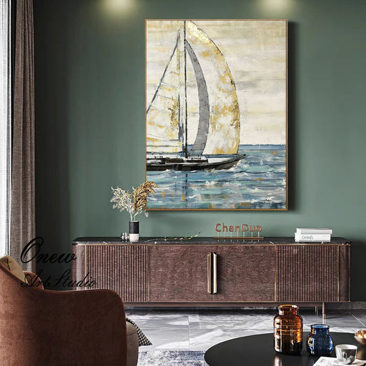 Large Abstract Sailboat Oil Painting on Canvas, Original Hand-painted Seascape Canvas Wall Art, Modern Nautical Painting for Living Room