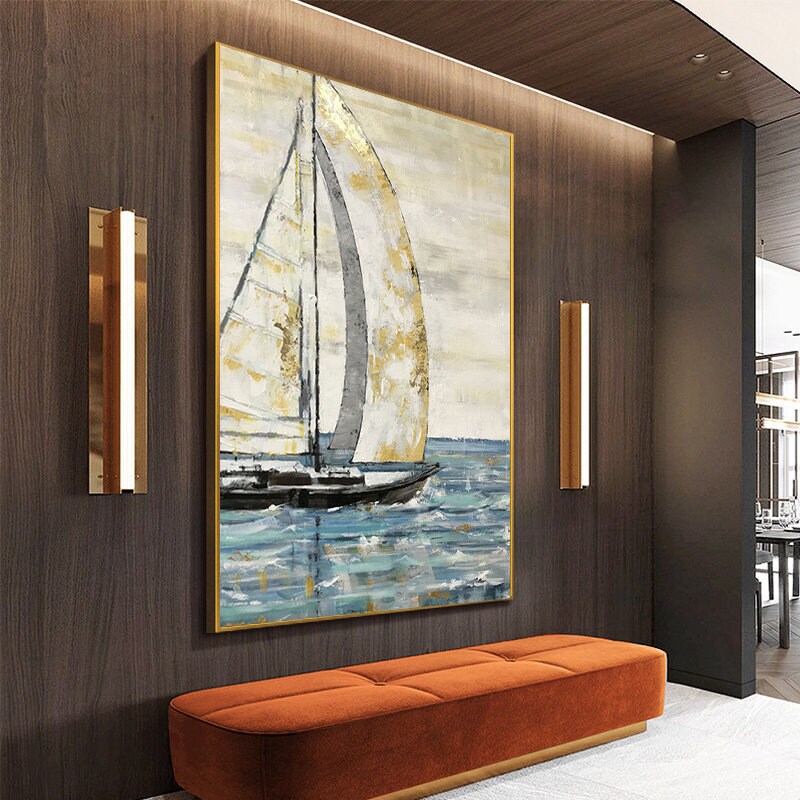 Large Abstract Sailboat Oil Painting on Canvas, Original Hand-painted Seascape Canvas Wall Art, Modern Nautical Painting for Living Room